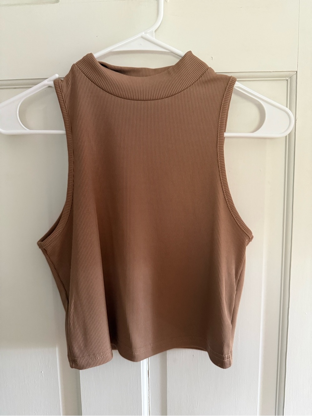Ribbed Mock Neck Sleeveless Crop Top - Brown